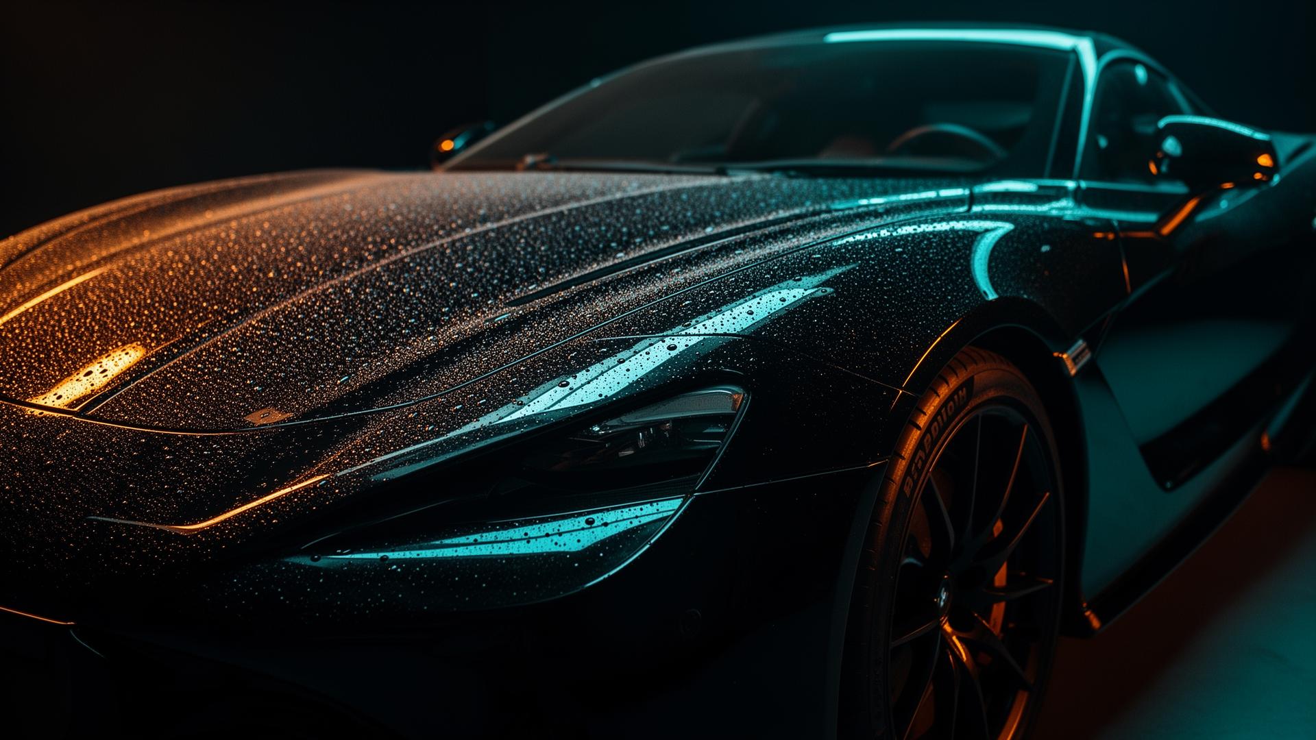 Black luxury sports car with water beads after detailing